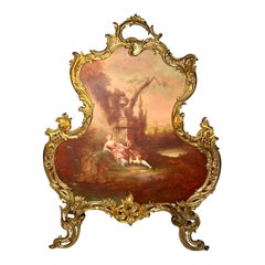 Antique French Louis XV Bronze D'ore Firescreen with Hand Painting, circa 1870