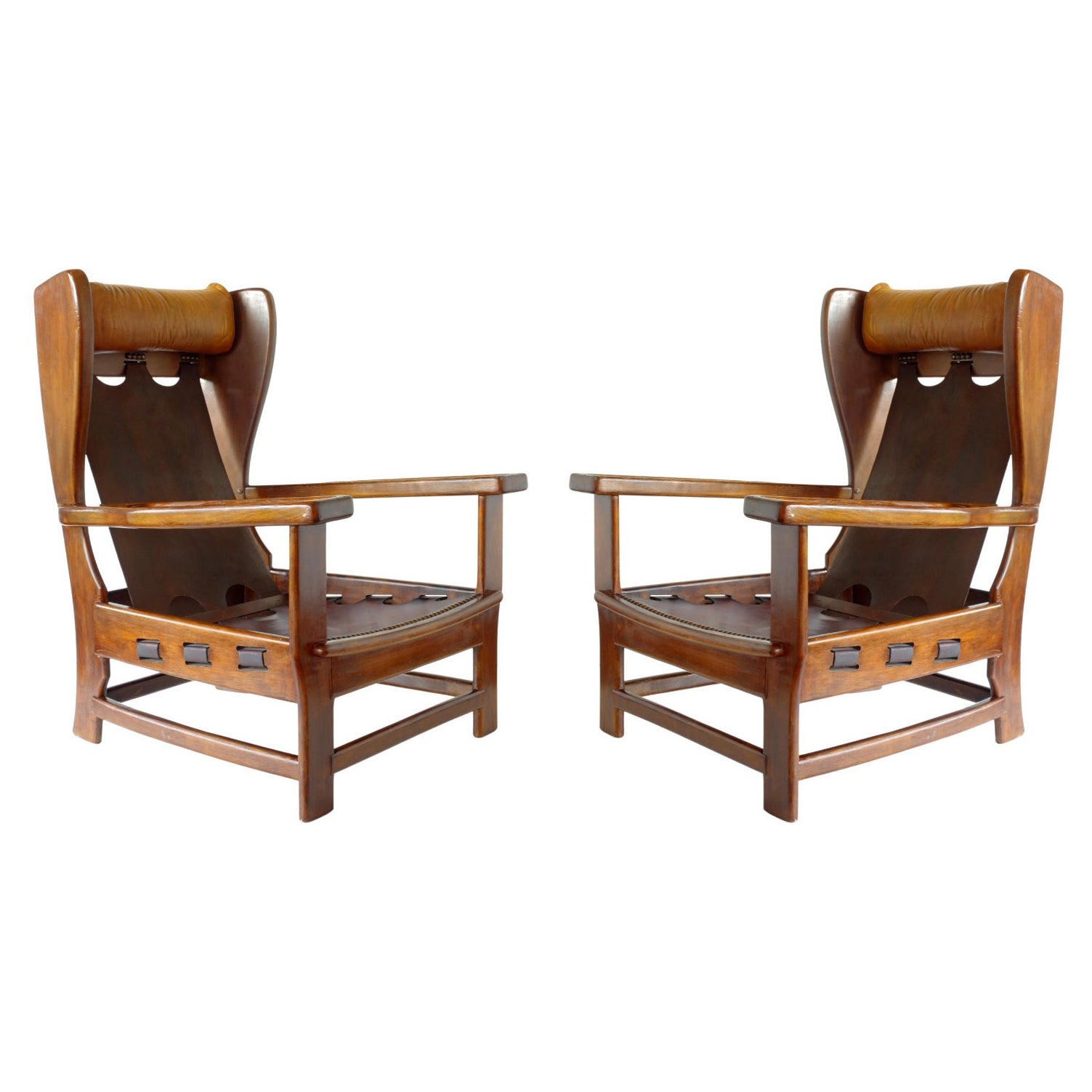 1960s Italian Design Leather and Wood Pair of Armchairs