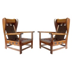 1960s Italian Design Leather and Wood Pair of Armchairs