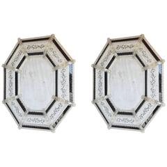 Antique Pair of Octagonal Venetian Mirrors, Inset with Black Glass Relief