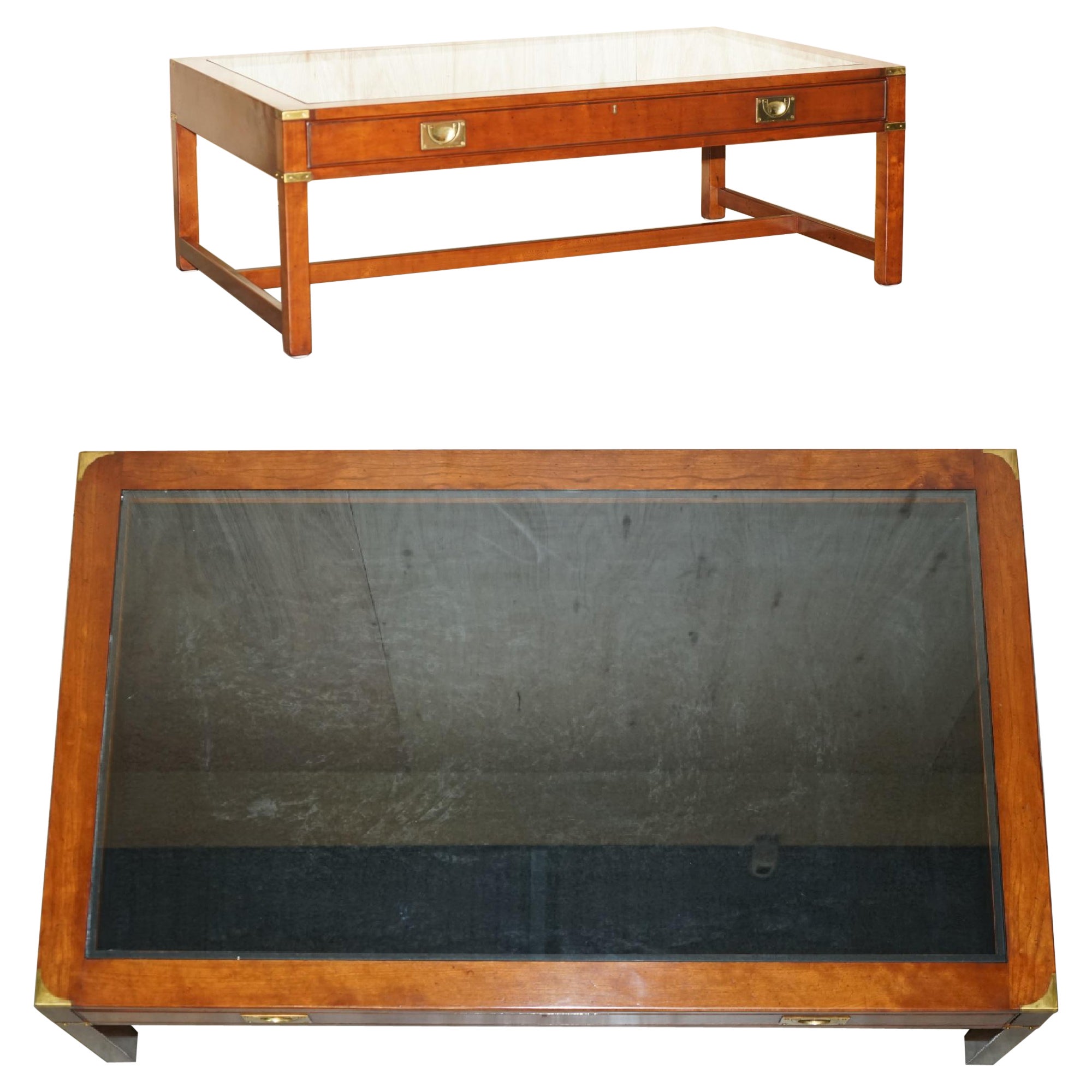 Unique Kennedy Showcase Display Military Campaign Hardwood & Glass Coffee Table For Sale