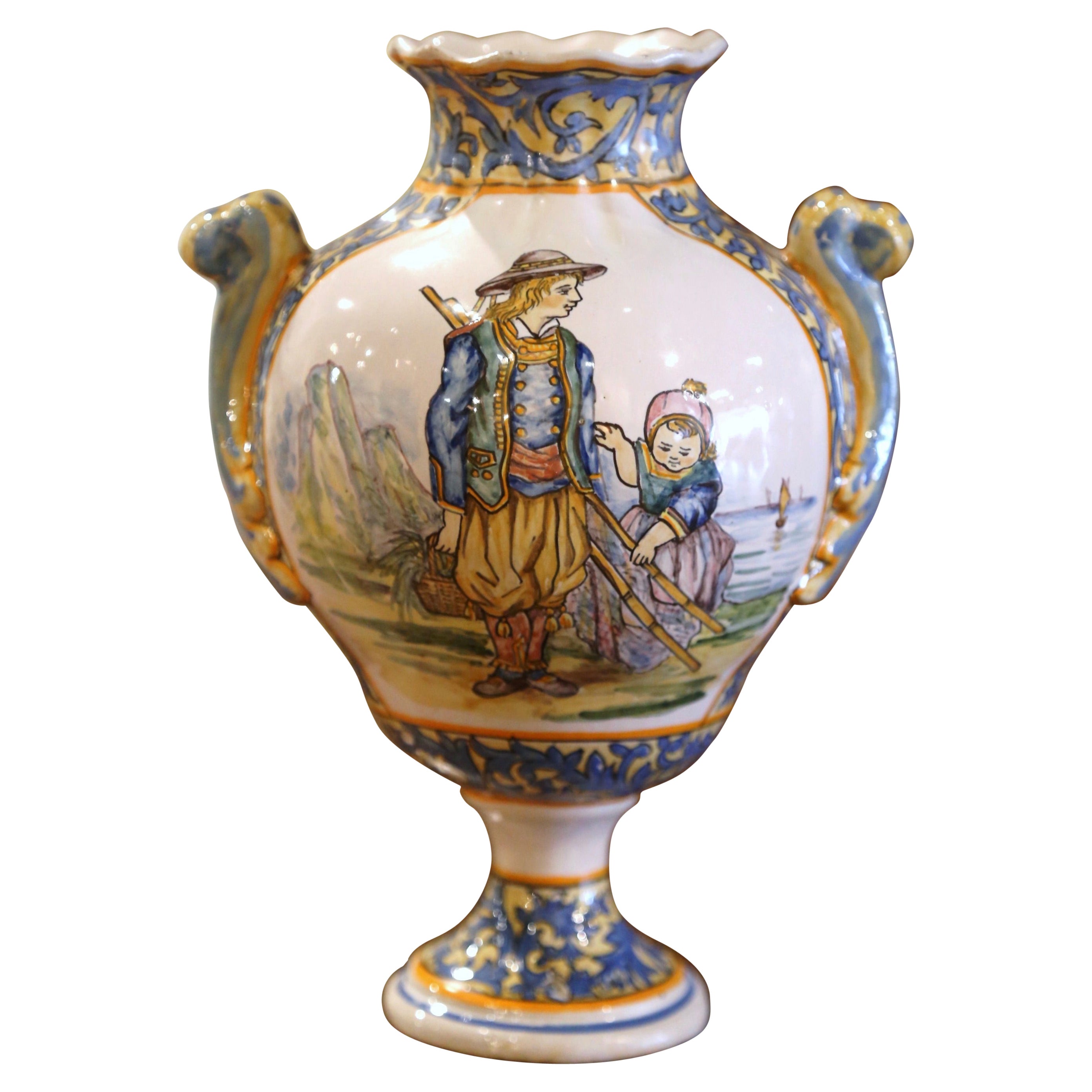 19th Century French Hand Painted Faience "Porquier Beau" Quimper Vase