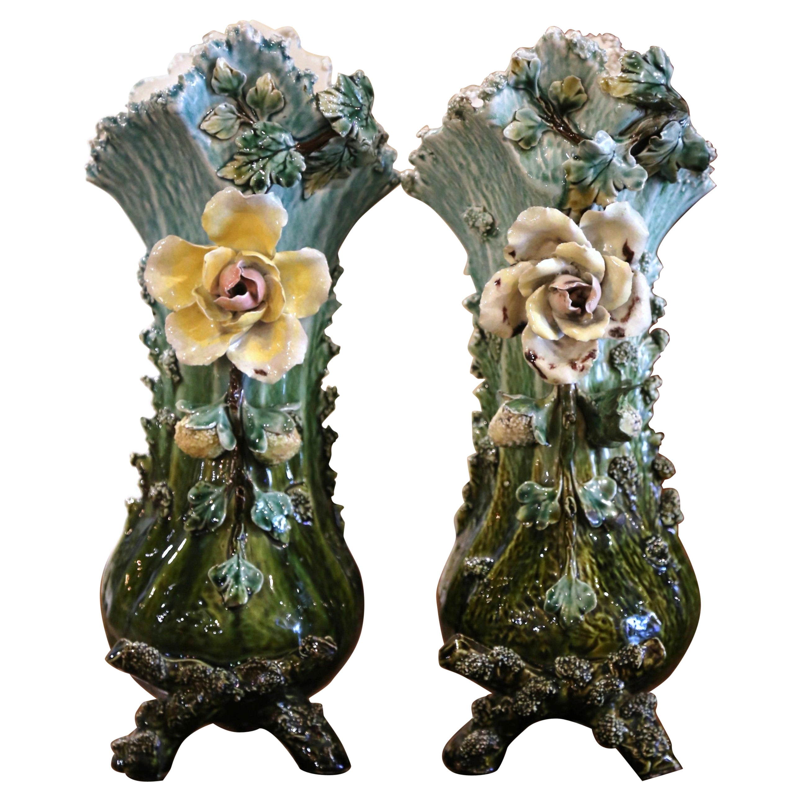 Pair of 19th Century French Painted Ceramic Barbotine Vases with Floral Motifs