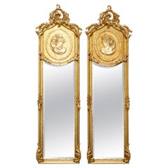 Pair of Vintage French Gold Giltwood Neoclassical Style Full Length Wall Mirrors