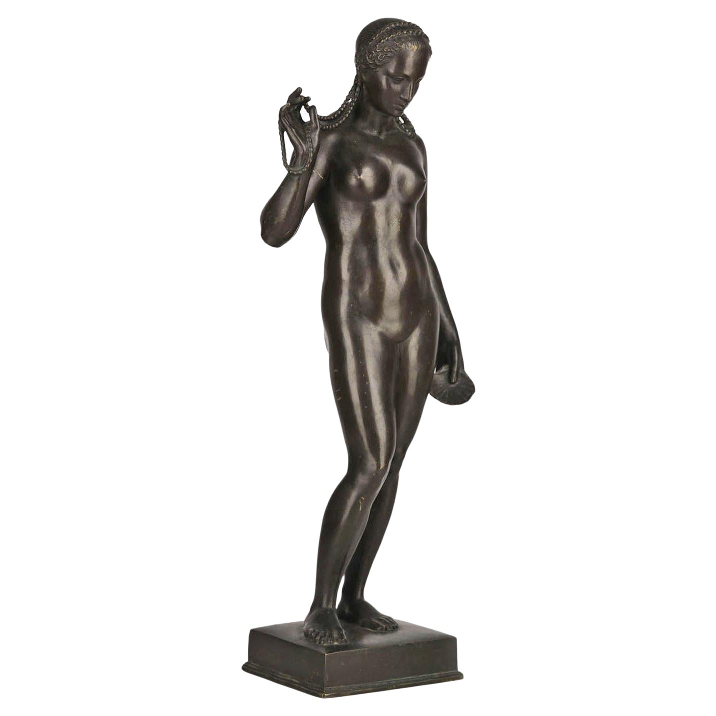 Jugendstil German Bronze Sculpture of a Nude Woman with Seashell by Lauchhammer For Sale