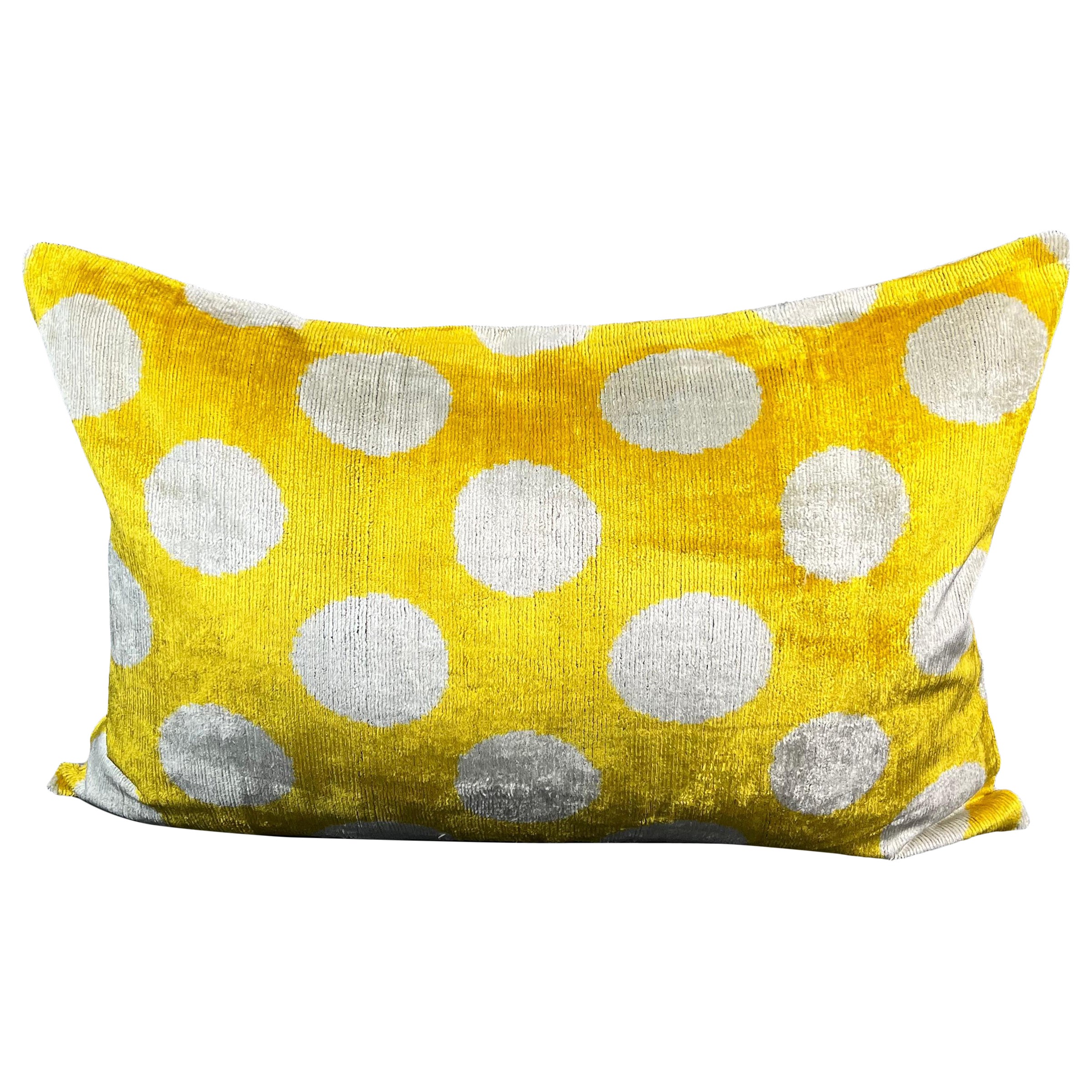Yellow Polka-Dot Pattern Velvet Silk Ikat Pillow Cover For Sale