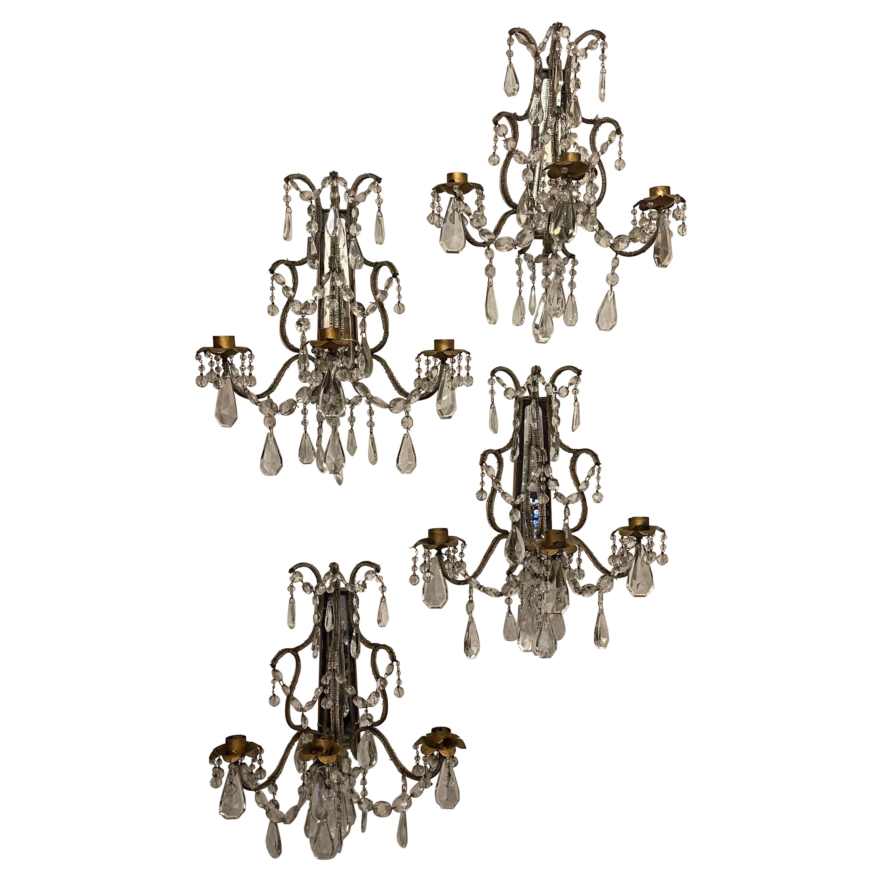 Vintage Set vier Florentiner Perlen italienische vergoldet Tole Kristall gespiegelt Wandleuchter im Angebot