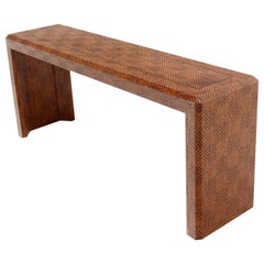 Grass Cloth Covered Console Table with Solid Brass Inlay