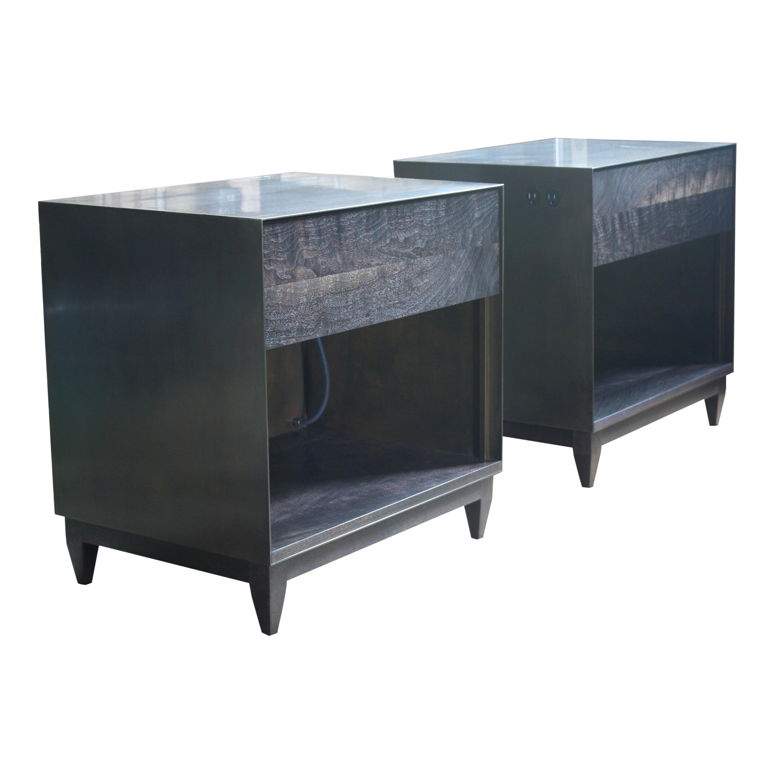 Oxide Blackened Steel and Walnut Nightstand with Integrated Power Bocci 22system For Sale