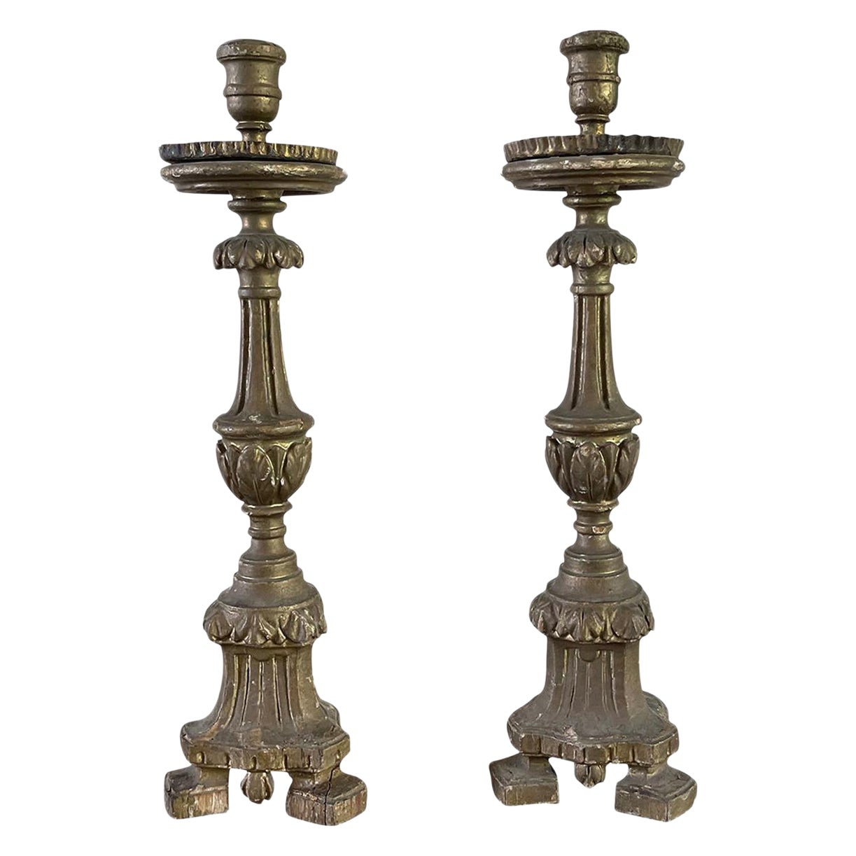 18th Century French Pair of Pinewood Candle Holders, Antique Sticks