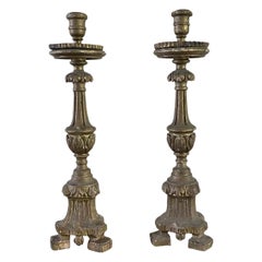 18th Century French Pair of Pinewood Candle Holders, Antique Sticks