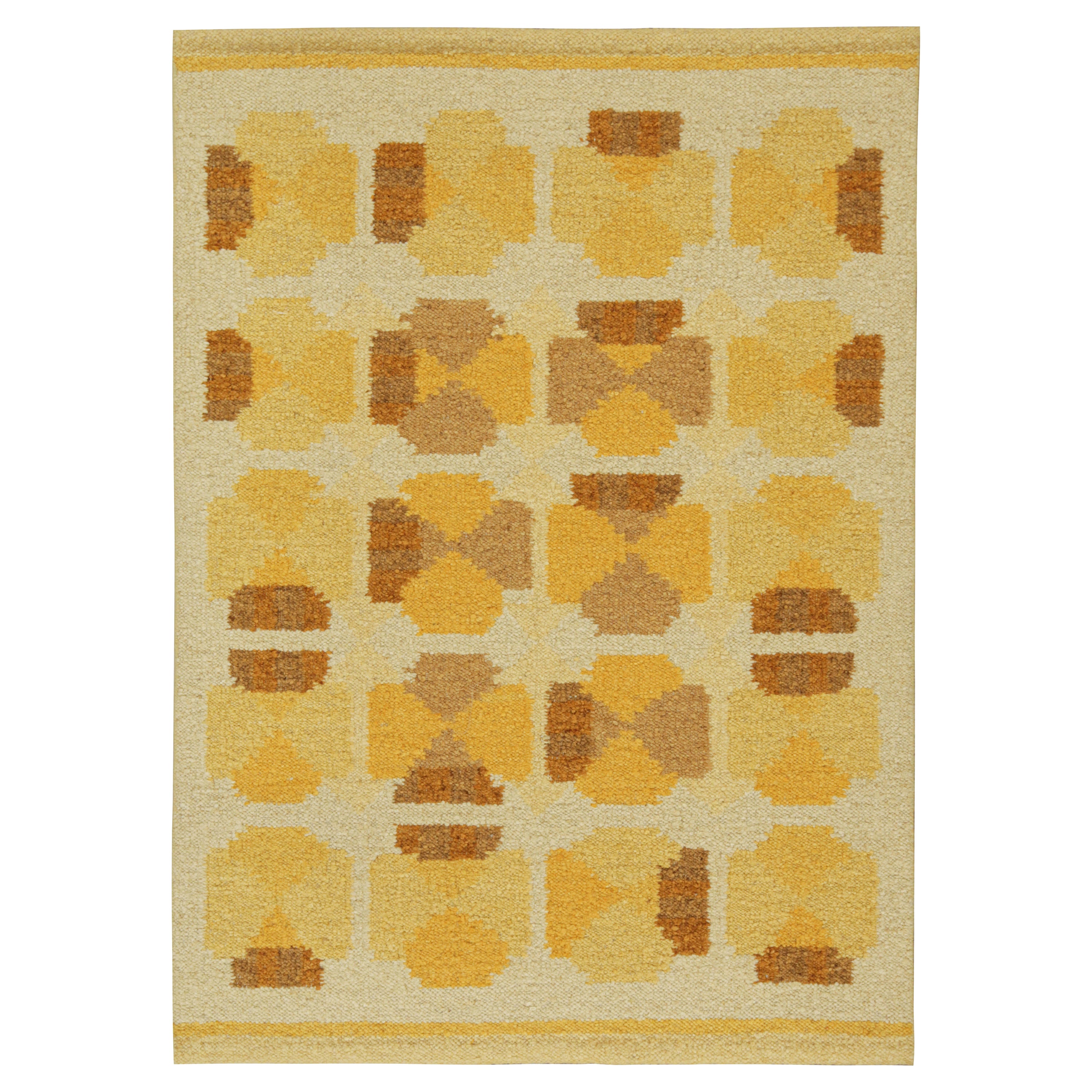 Rug & Kilim’s Scandinavian Style Kilim with Gold-Brown Geometric Patterns For Sale