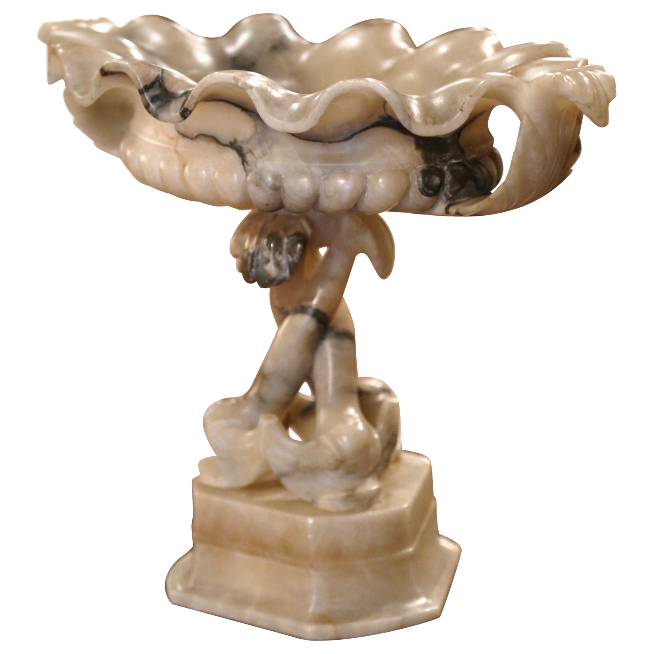 19th Century French Carved Alabaster Compote Centerpiece with Dolphins For Sale