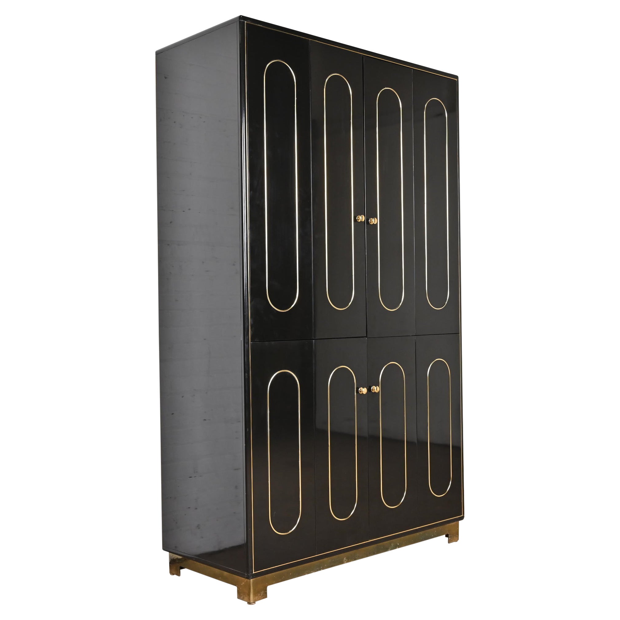 Romweber Mid-Century Modern Black Lacquer and Brass Lighted Bar Cabinet, 1970s
