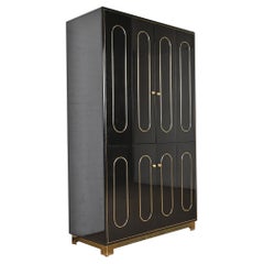 Romweber Mid-Century Modern Black Lacquer and Brass Lighted Bar Cabinet, 1970s