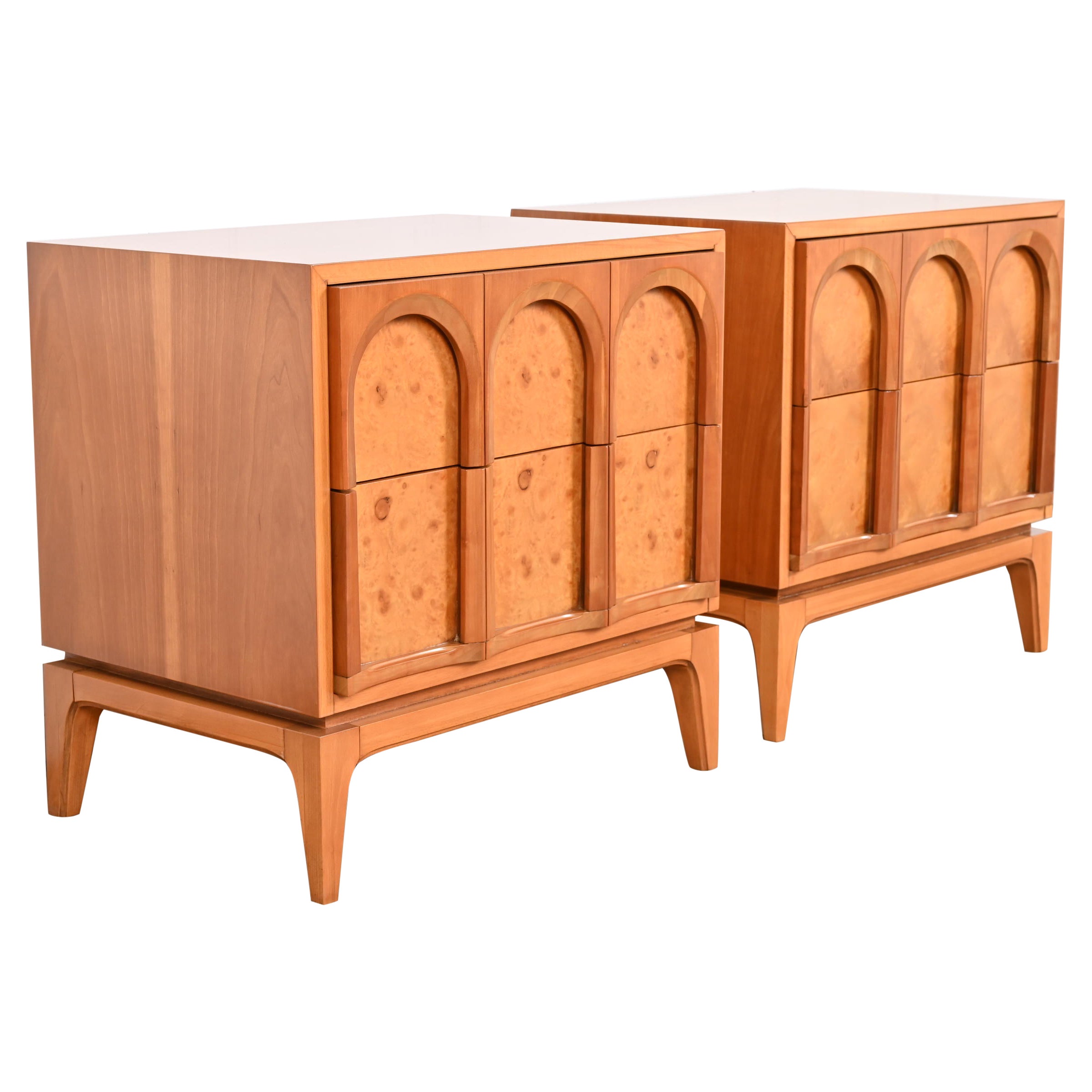 Thomasville Mid-Century Modern Burl Wood Nightstands, Newly Refinished For Sale