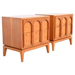 Thomasville Mid-Century Modern Burl Wood Nightstands, Newly Refinished