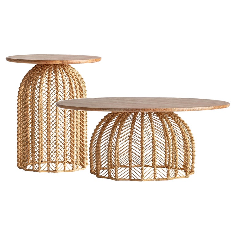 InStock, Set of Two Low Tables in Pleated Rattan For Sale at 1stDibs