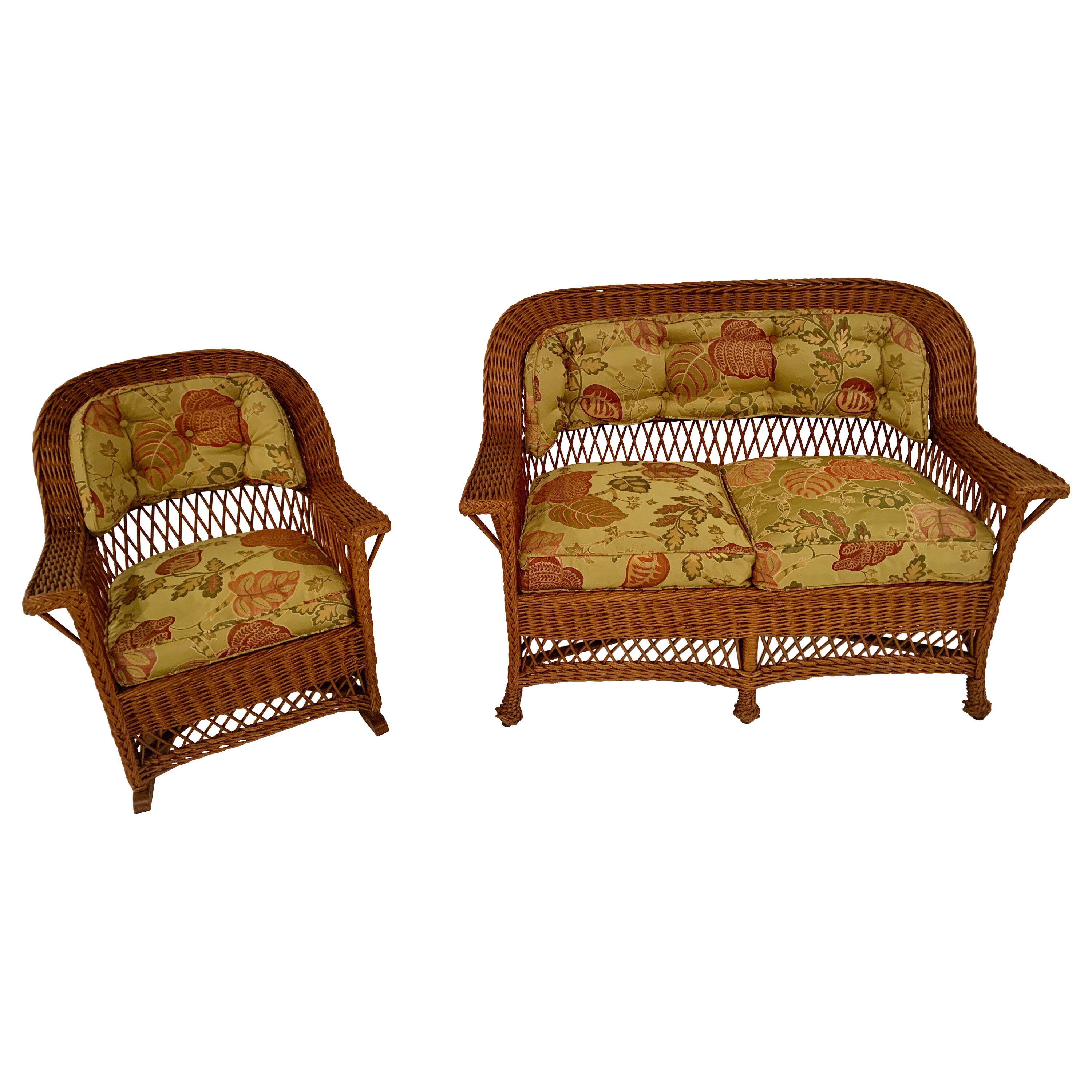 Bar Harbor Style Wicker, Loveseat and Matching Rocker For Sale