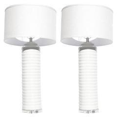 Contemporary Pair of Cream White Glazed Ceramic Stacked Columnar Lamps Lucite