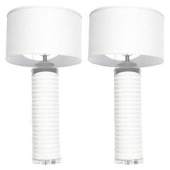 Contemporary Pair of Cream White Glazed Ceramic Stacked Columnar Lamps Lucite 2