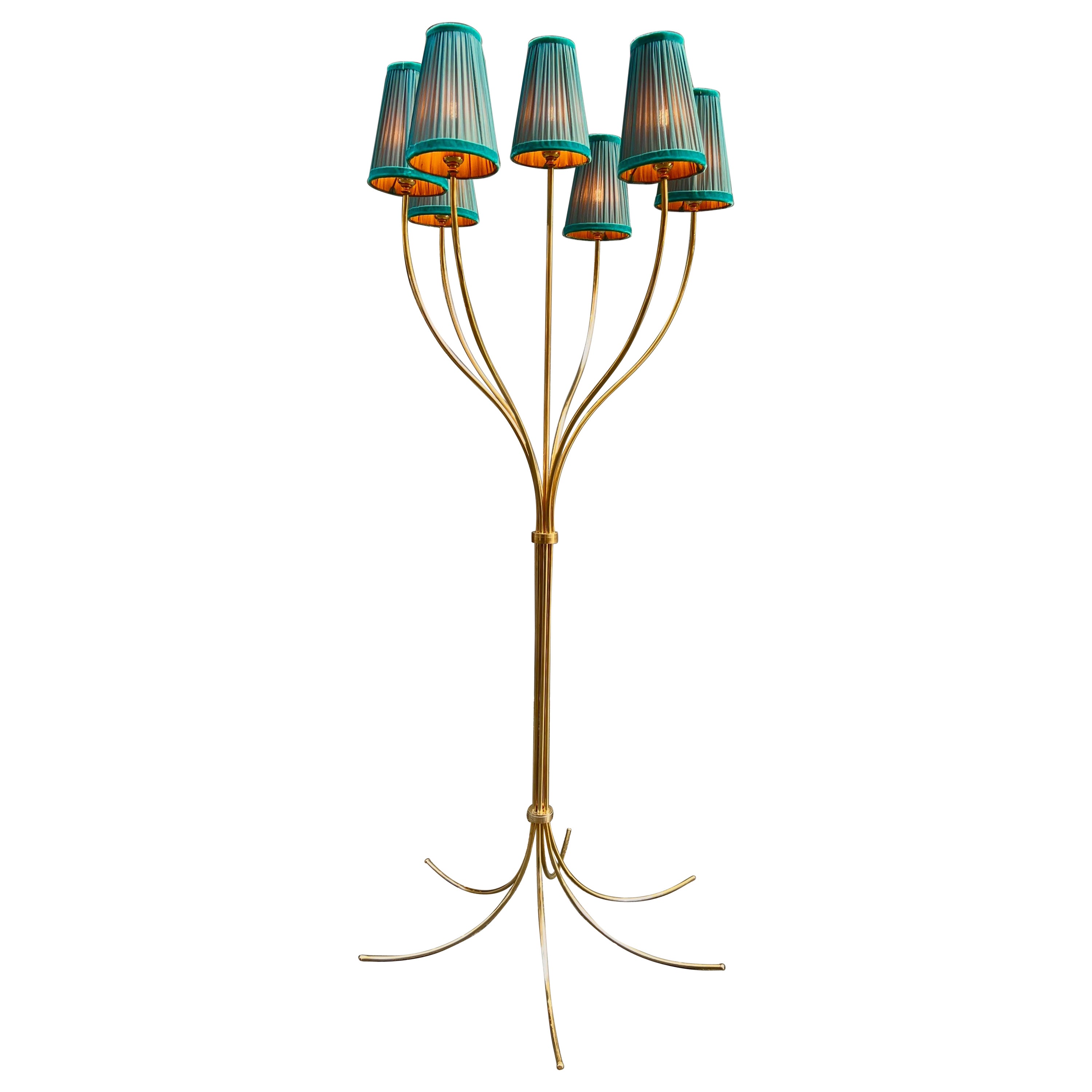 Vintage Brass Floor Lamp with Our Handcrafted Double Color Lampshades, 1970s For Sale