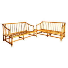 Pair of Rattan and Bamboo Sofas, in the Style of Audoux Minet, circa 1970