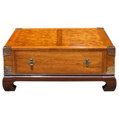 Retro Bassett Chinoiserie Burl Coffee Table with Brass Accents