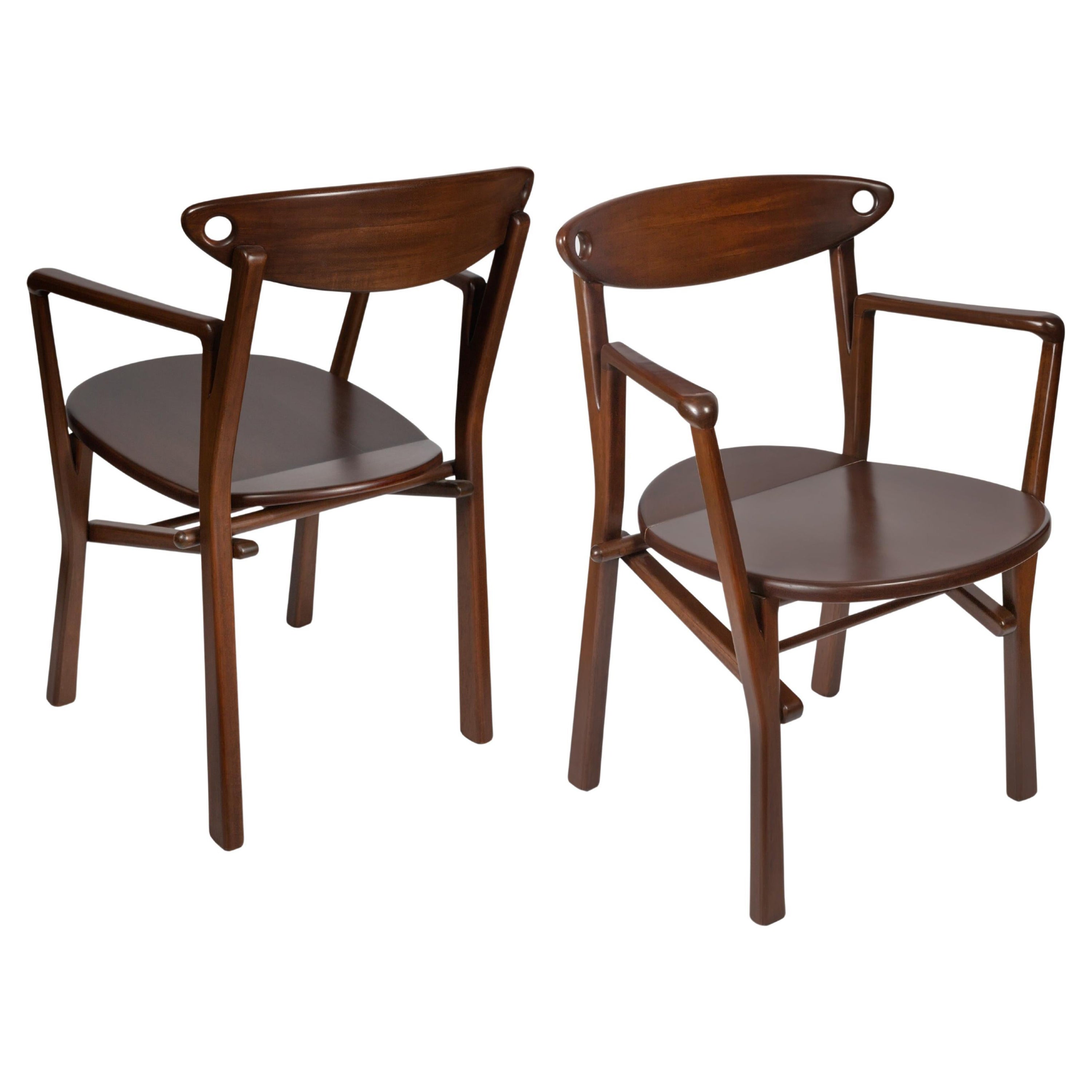 Set of 02 Armchairs Laje in Dark Brown Finish Wood - Ready for Delivery For Sale