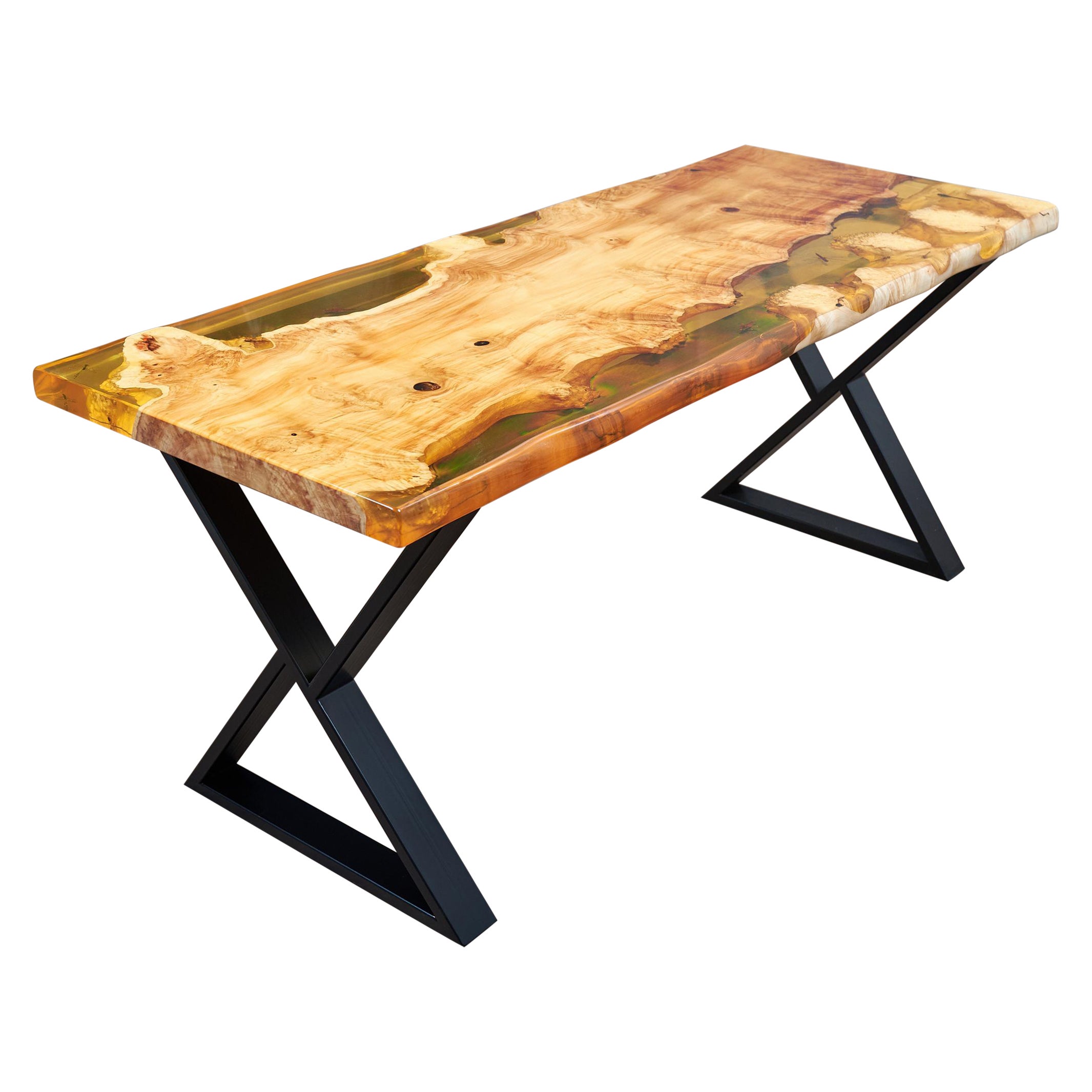 Yellow Valley Live Edge Burl Wood and Amber Insects Contemporary Dining Table For Sale