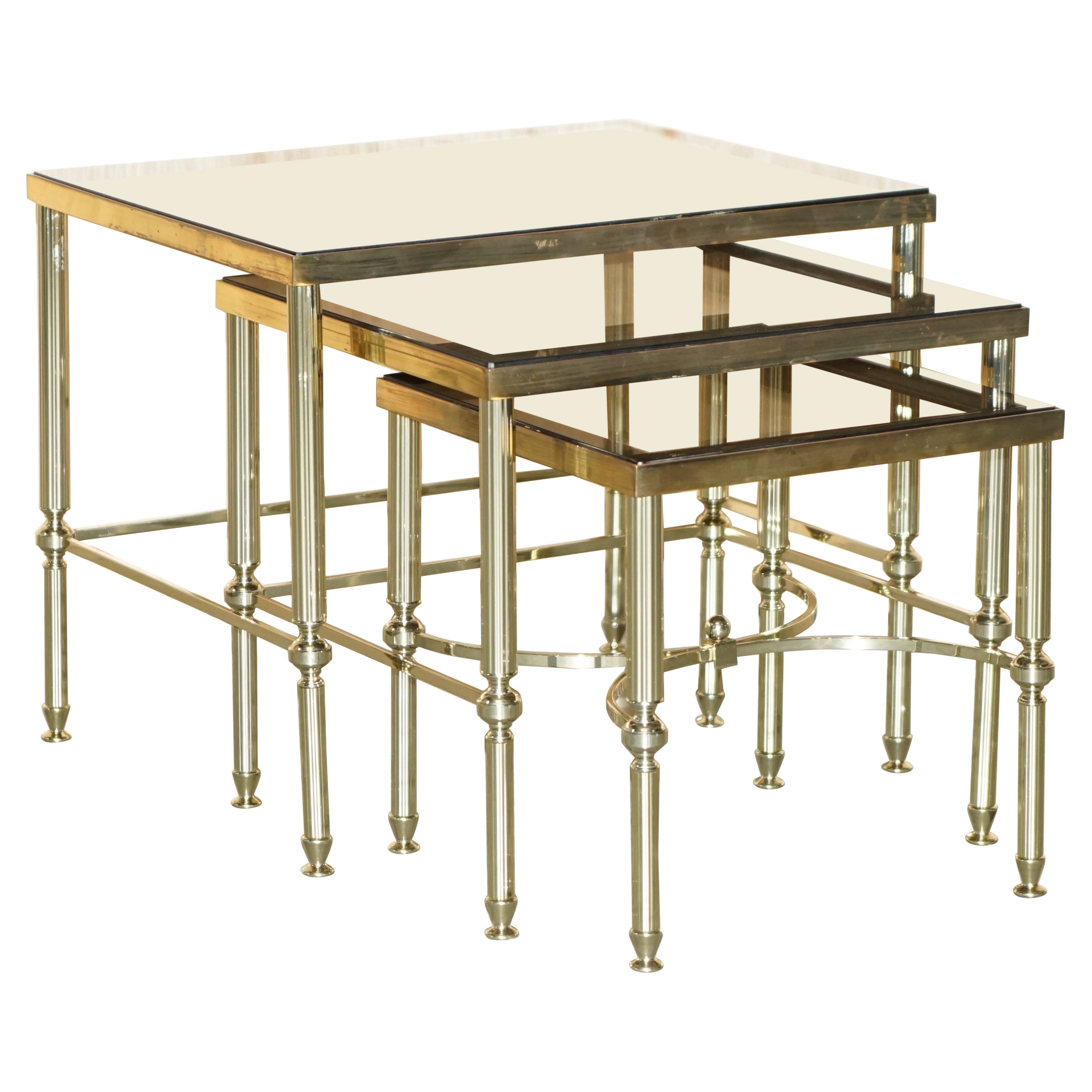 Maison Jansen Nest of Tables Hollywood Regency Nest of Three Brass Glass Tables For Sale