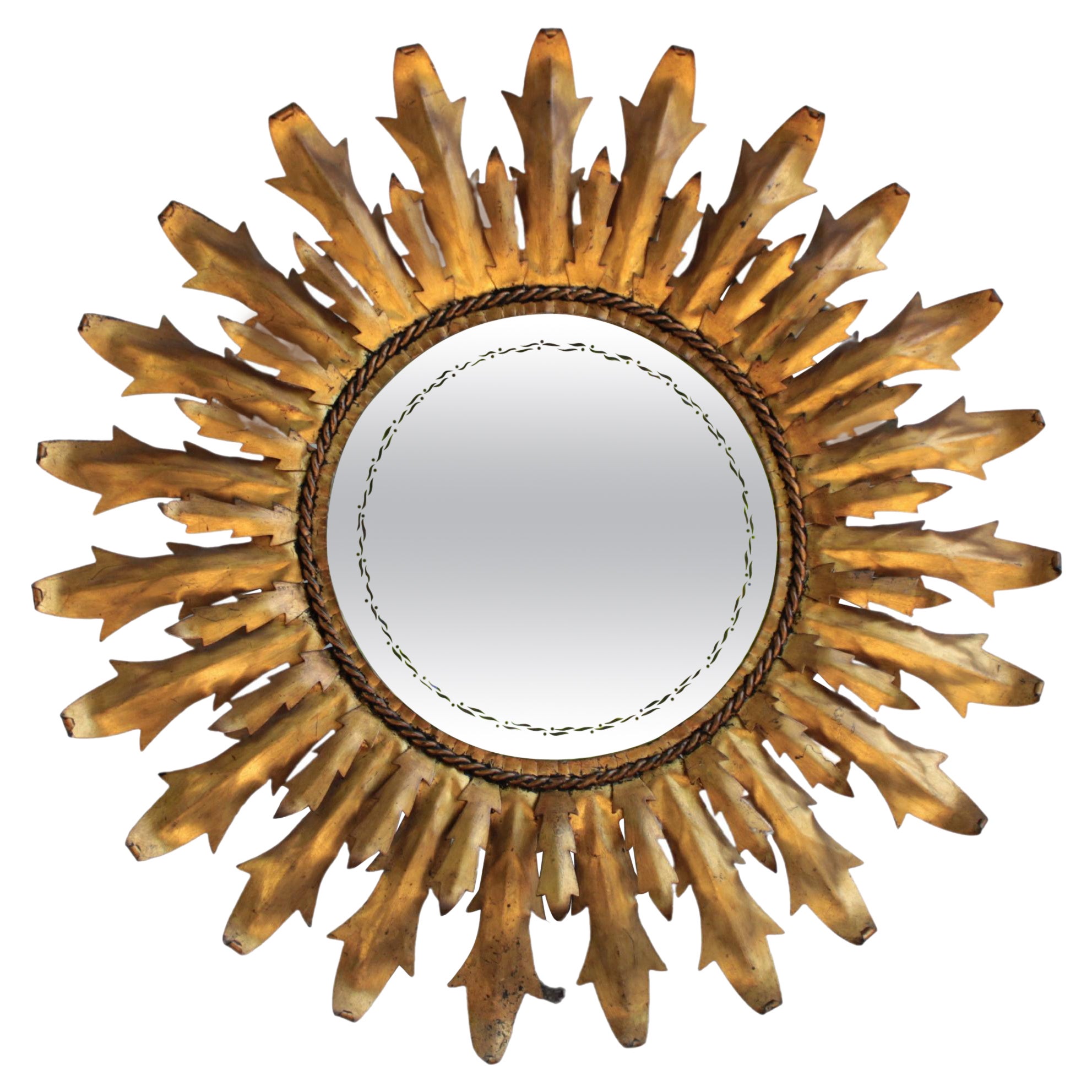 Circular Mirror "Sun" in Golden Metal, Spain Century XX, C. 1980 For Sale