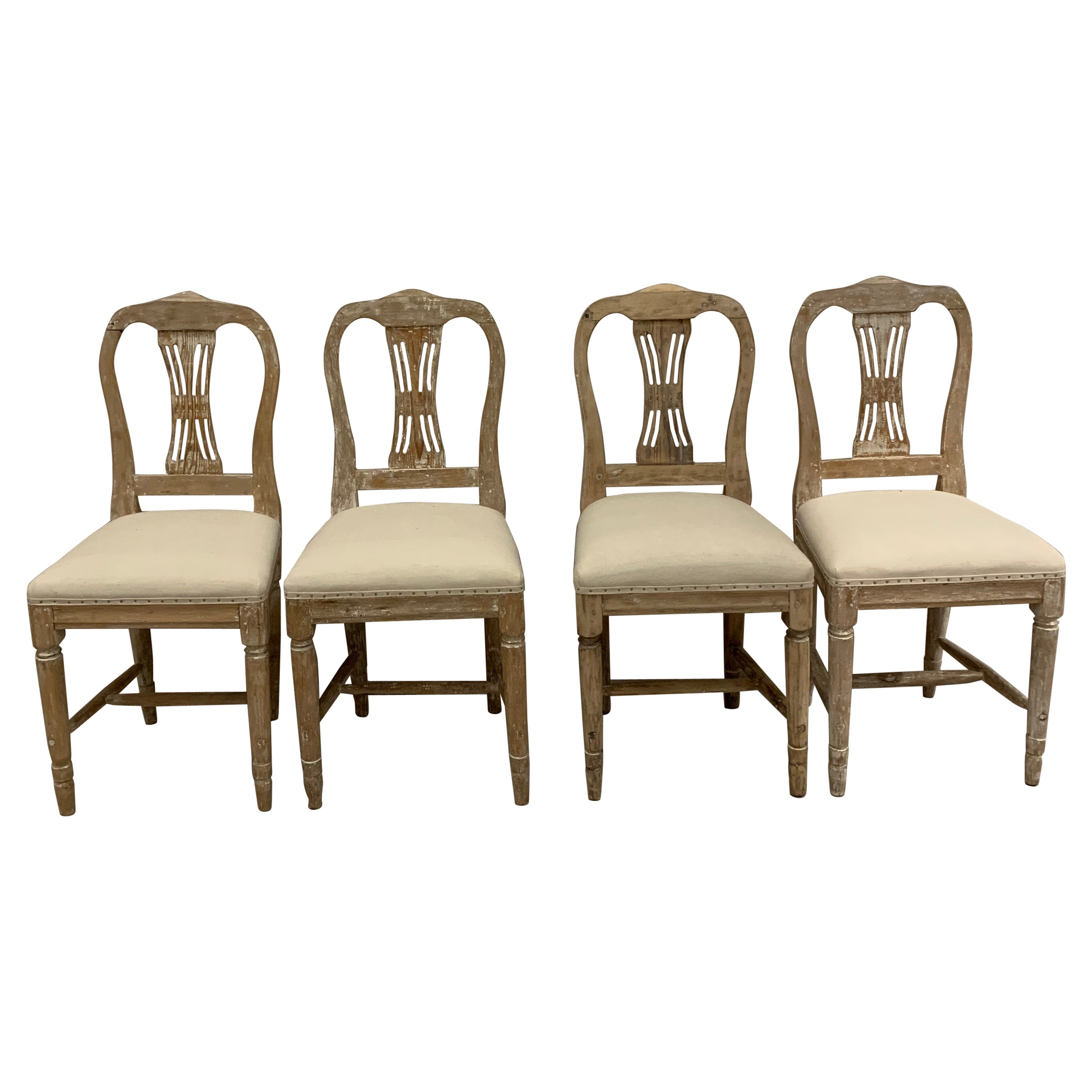 Set of 4 circa 1900s Swedish Folk Pine Dining Chairs Upholstered in French Linen For Sale