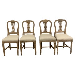 Set of 4 circa 1900s Swedish Folk Pine Dining Chairs Upholstered in French Linen