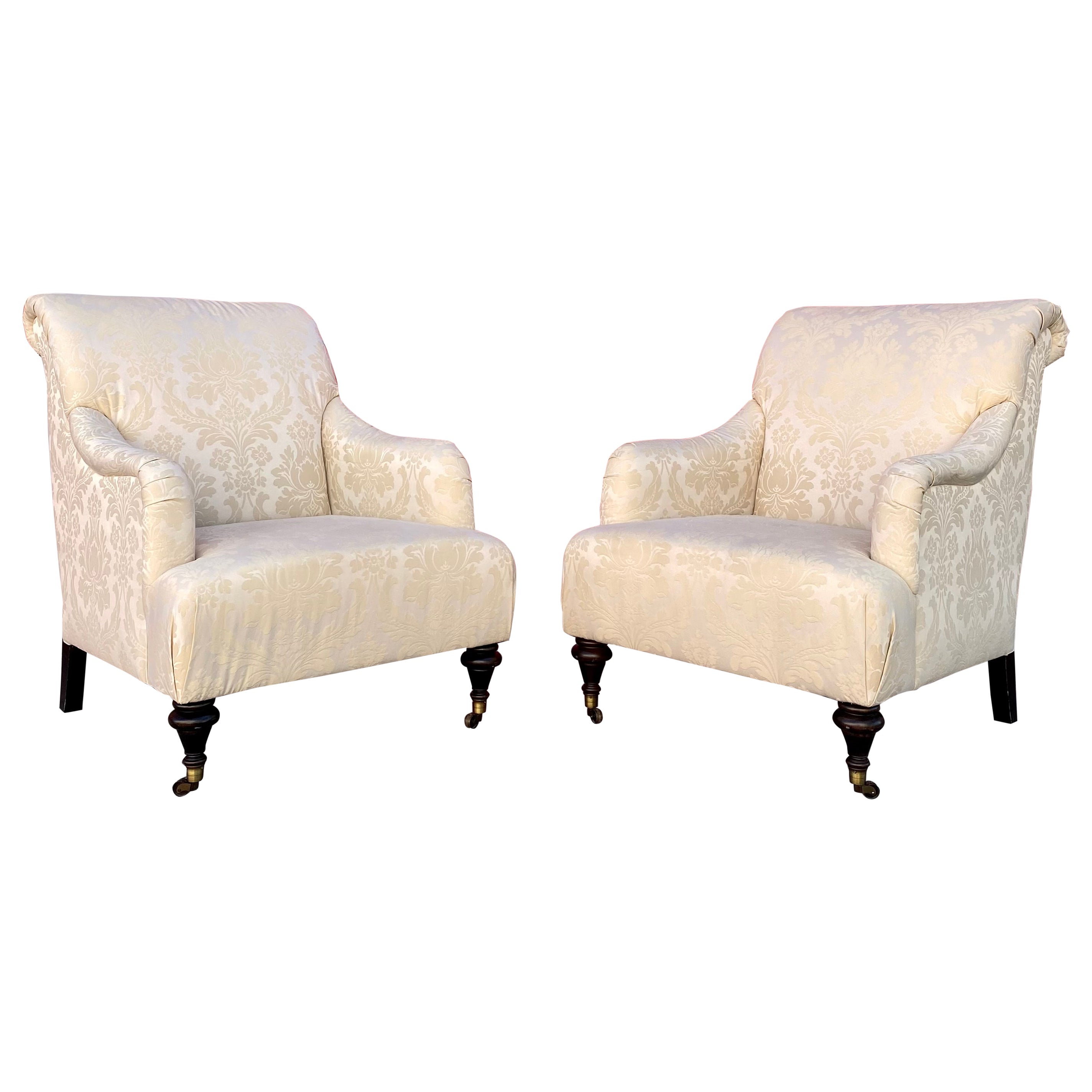 Thomasville English Light Beige Damask Silk Chairs on Castors, Set of 2 For Sale