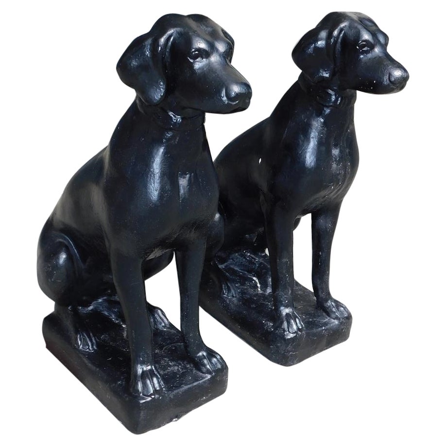 Pair of American Cast Stone & Painted Labrador Sitting Dogs, Early 20th Century
