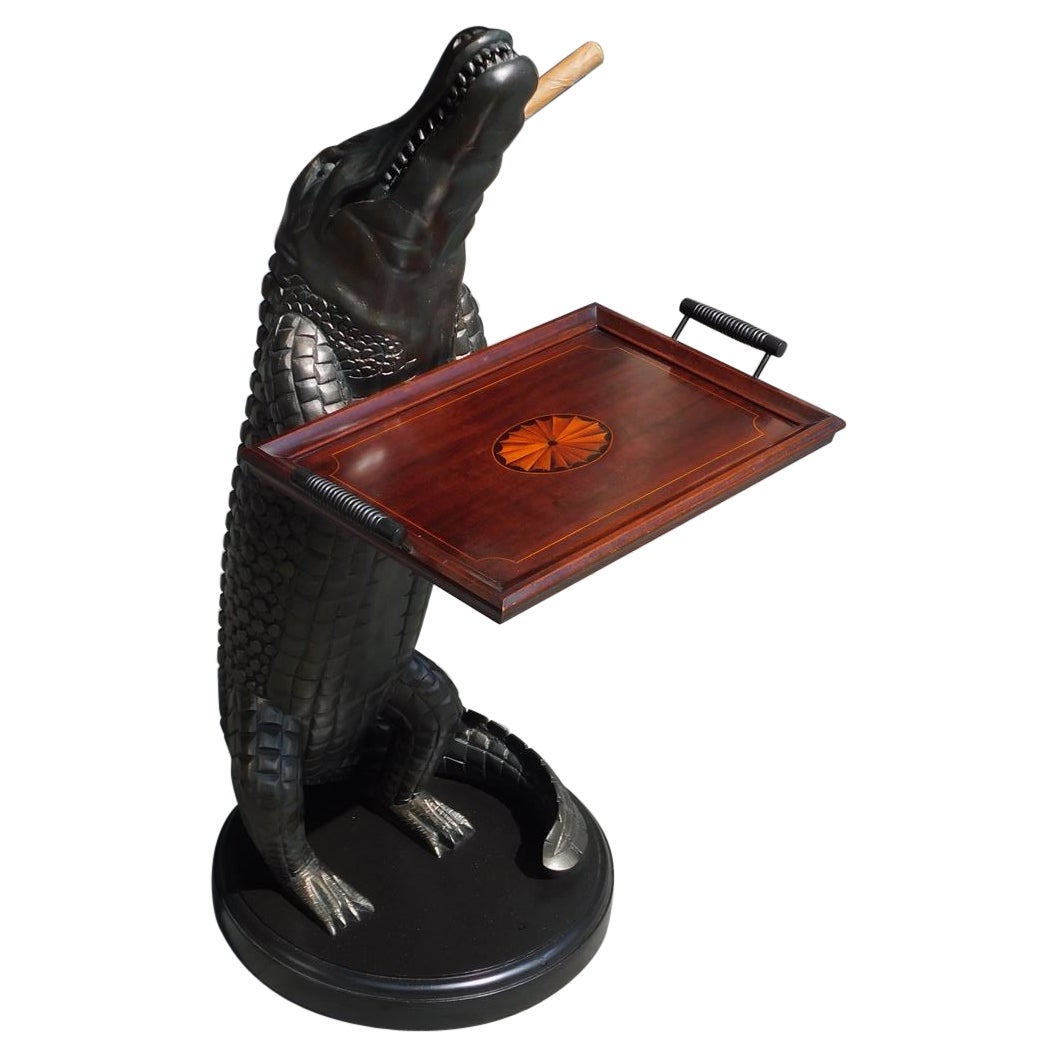 American Cast Resin Alligator W/ Verdigris Finish Holding Inlaid Tray, 20th C.