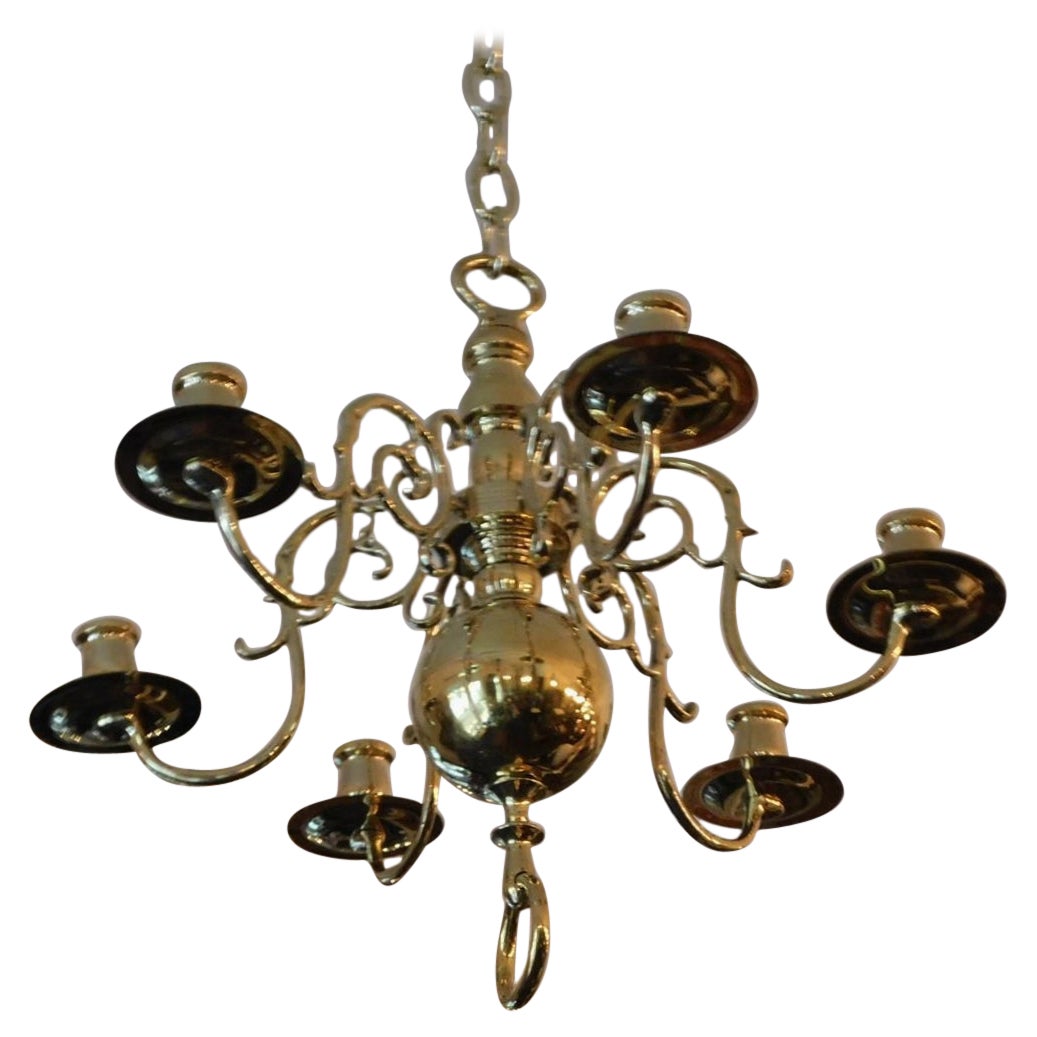 Dutch Brass Diminutive Bulbous Six Scrolled Spur Arm Chandelier, Candles, C 1760 For Sale