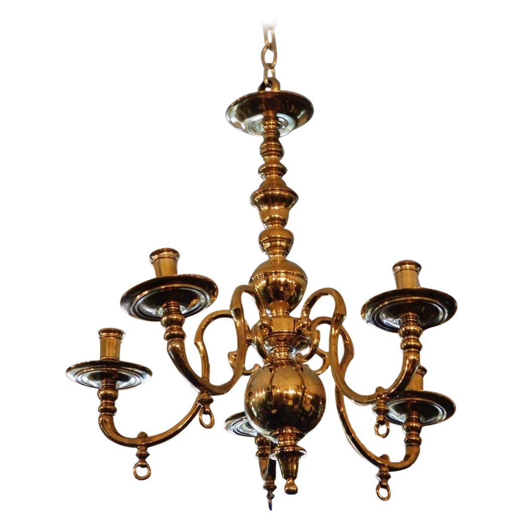 American Brass Five Arm Bulbous Chandelier with Cock Keys, Orig. Gas. Circa 1840 For Sale