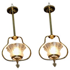 Pair of American Brass Hall Lanterns with Orig, Frosted Etched Globes, Gas, 1860