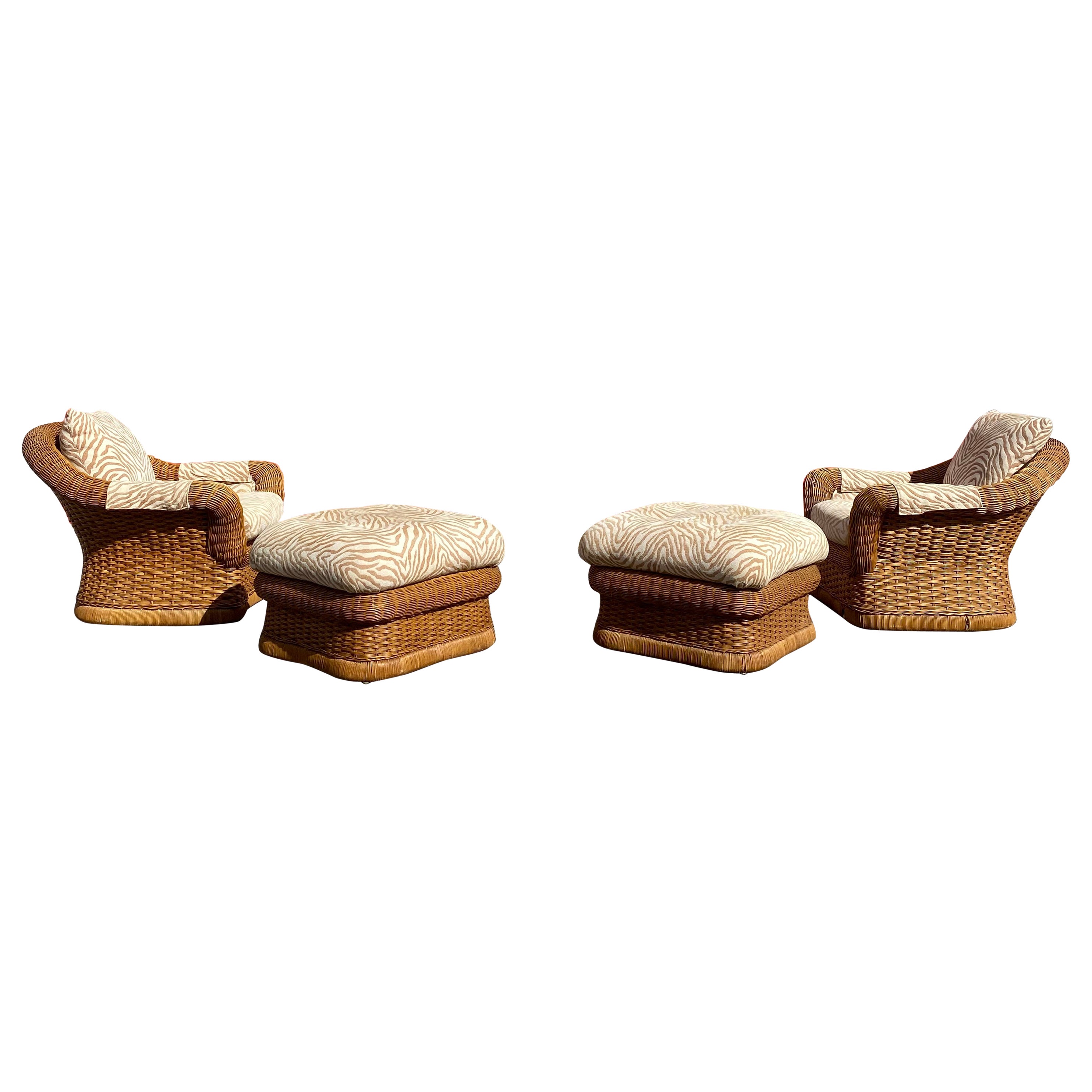 1970s Ficks Reed Woven Rattan Zebra Chairs and Ottomans, Set of 4