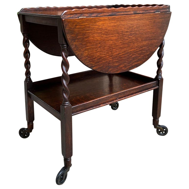 Antique English Tea Trolley Drinks Cart Tiger Oak Barley Twist Drop