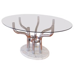 Dining Table with Chromed and Marble Base in the Style of Giotto Stoppino, 1970s