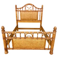 1970s Rattan and Wood Queen Bed Frame