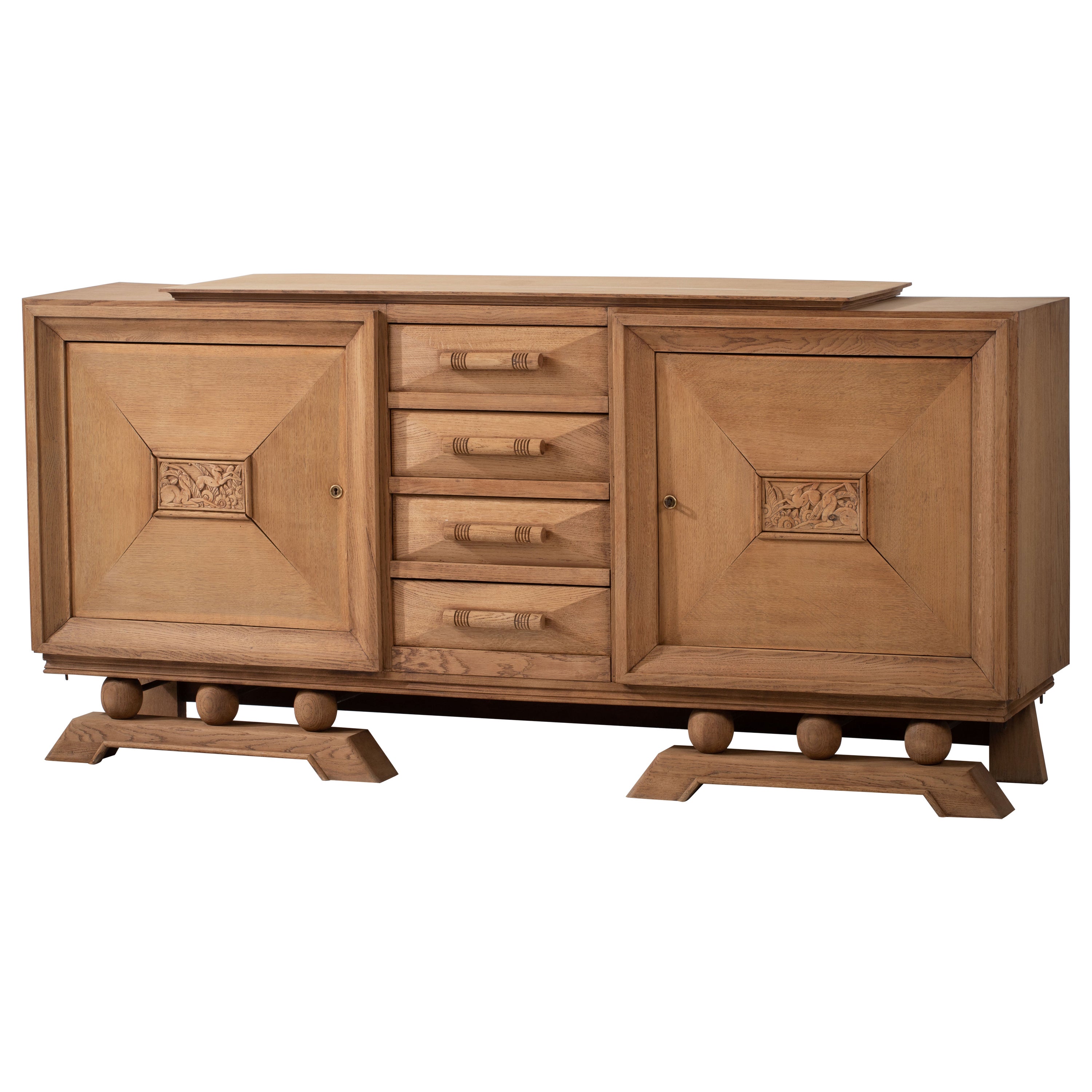 1940s France Brutalist Solid Oak Sideboard, Art Deco Credenza