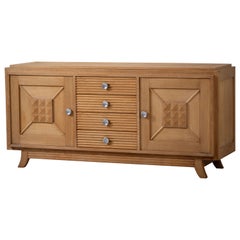 Solid Oak Credenza with Graphic Details, France, 1940s