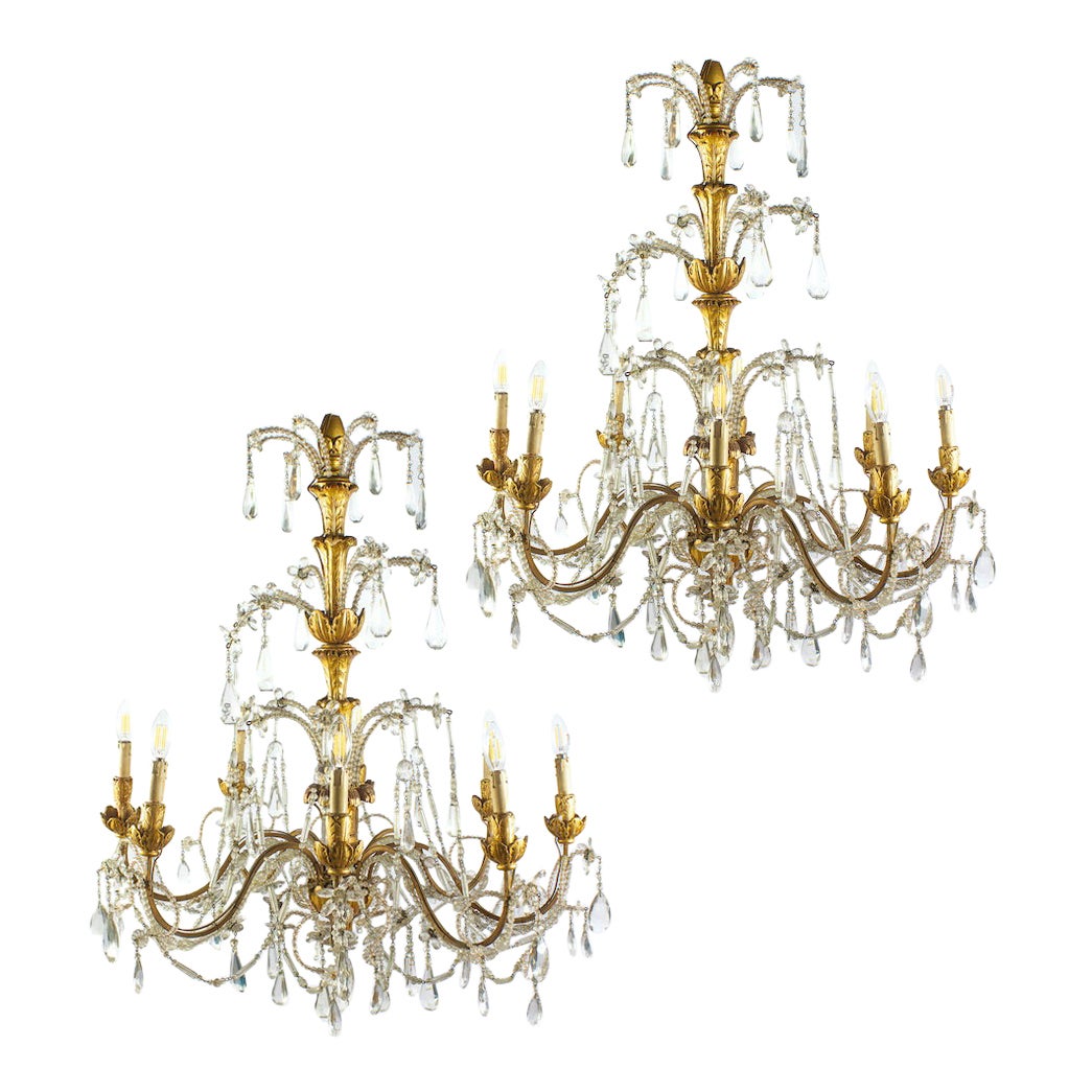 Pair of Italian Giltwood and Crystal Chandelier 18th Century Great Beauty For Sale