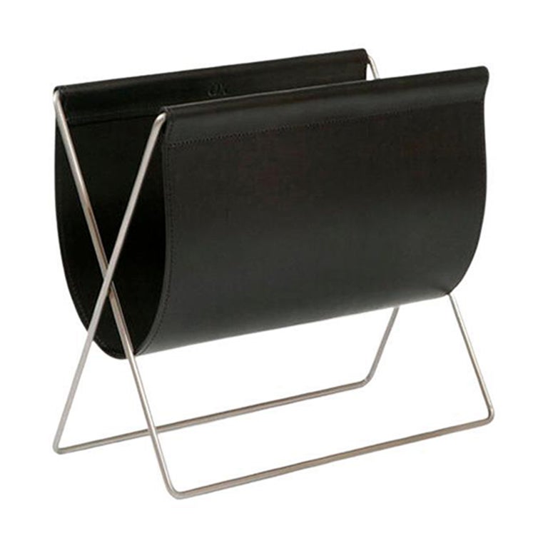 Black Leather and Steel Maggiz Magazine Rack by OxDenmarq For Sale