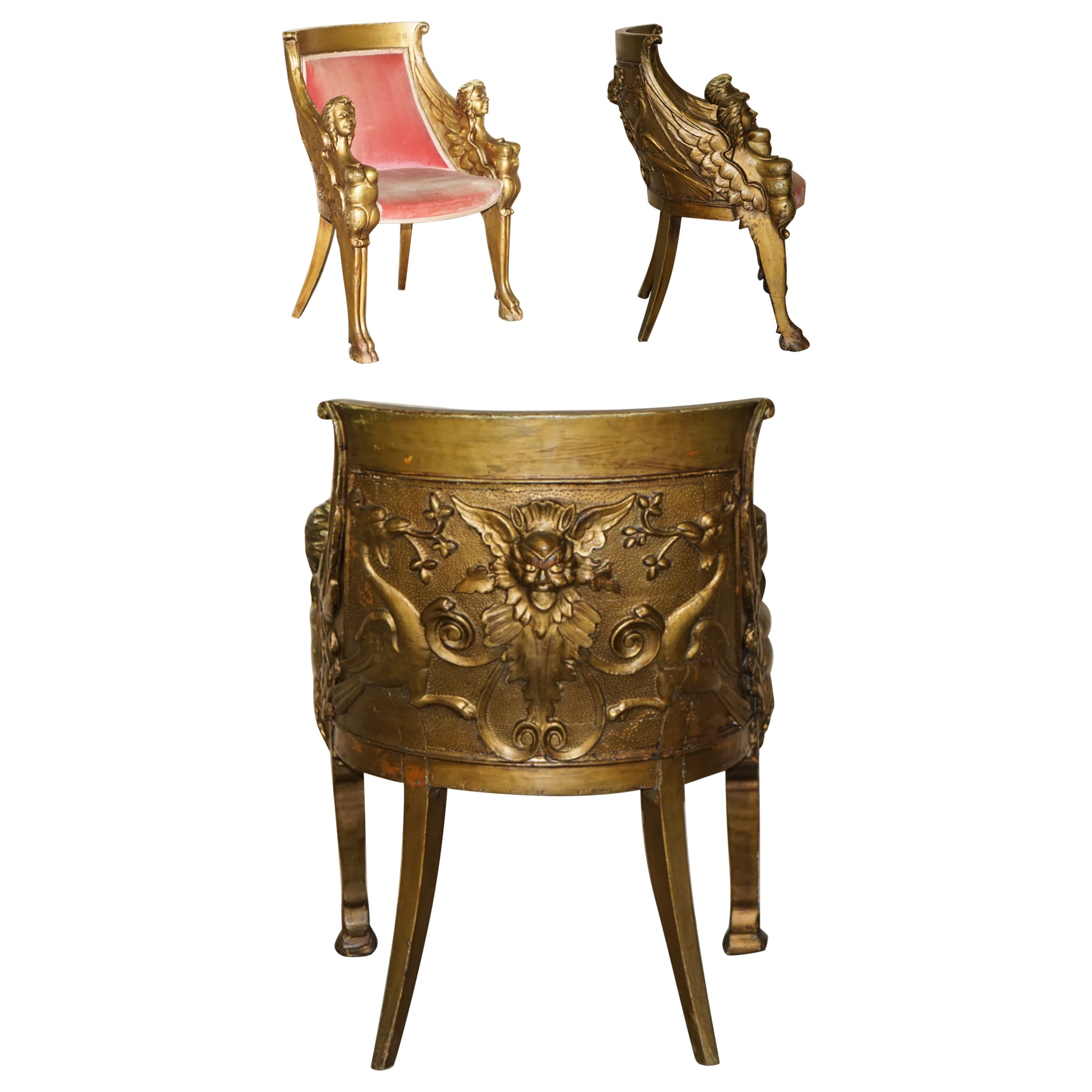 After Thomas Hope Antique circa 1780 George III Hand Carved Giltwood Armchair (fauteuil en bois doré sculpté à la main)