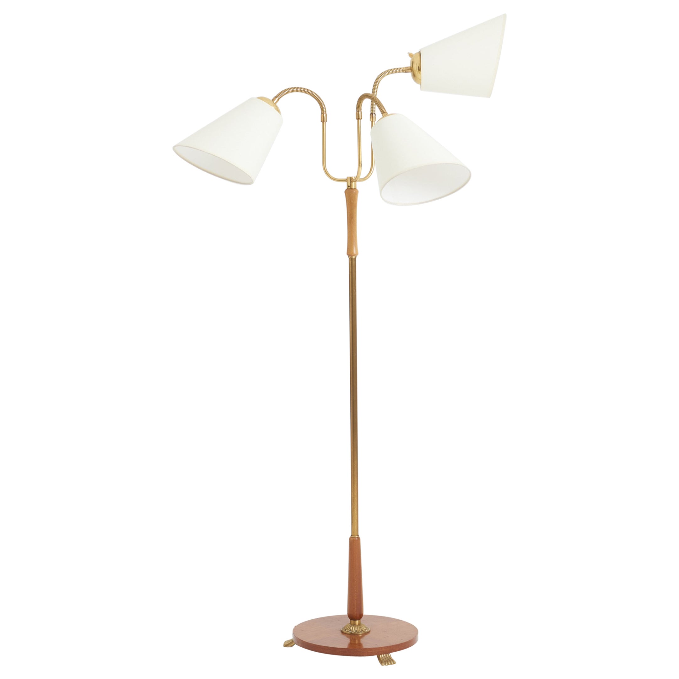 Brass and Mahogany Three-Arm Floor Lamp